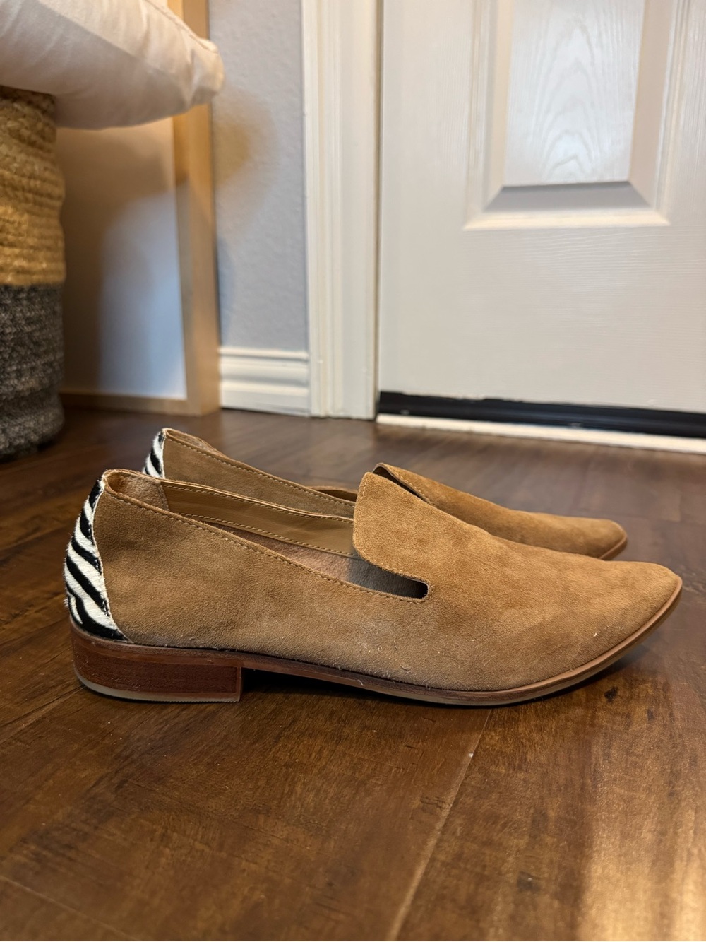 Crown & Ivy Size 10 Tan/Brown Suede Slip-On Loafers with Zebra Accent - Womenโs